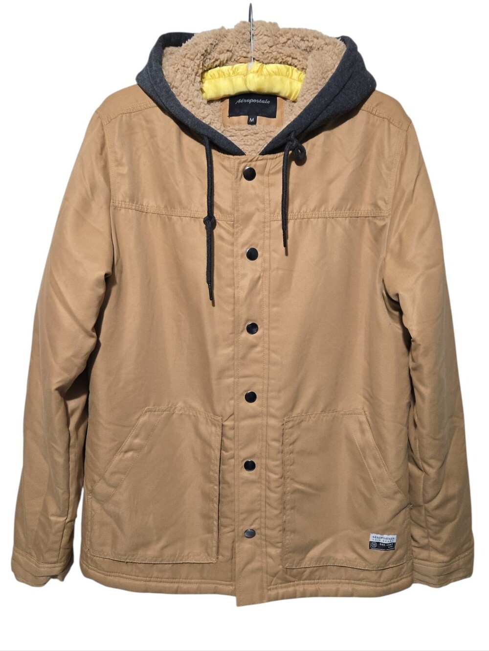 Aeropostale Men's Sherpa Lined Canvas Utility Workwear Hooded Jacket Tan Medium